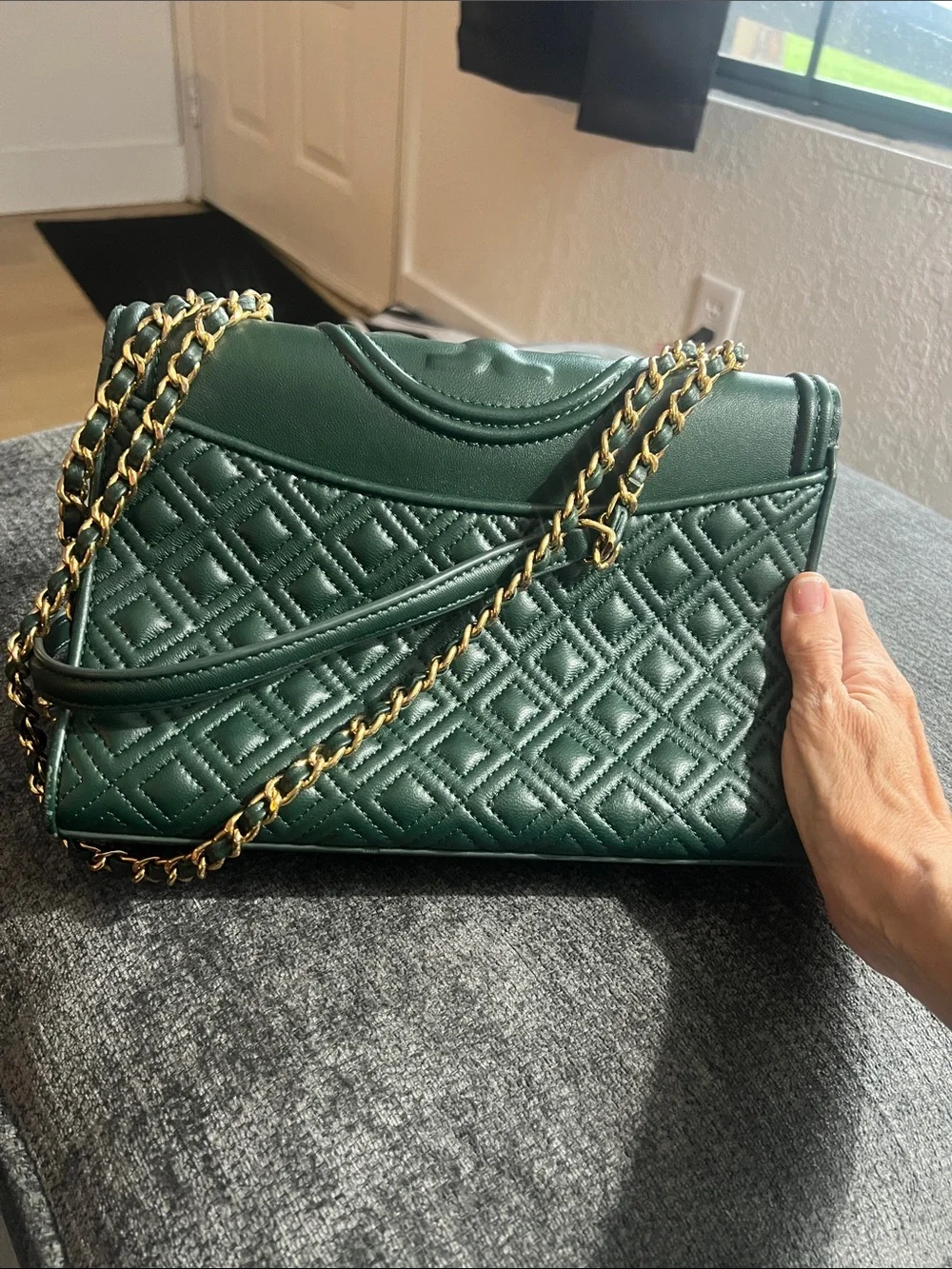 Green Quilted Leather Shoulder Bag with Tassel
